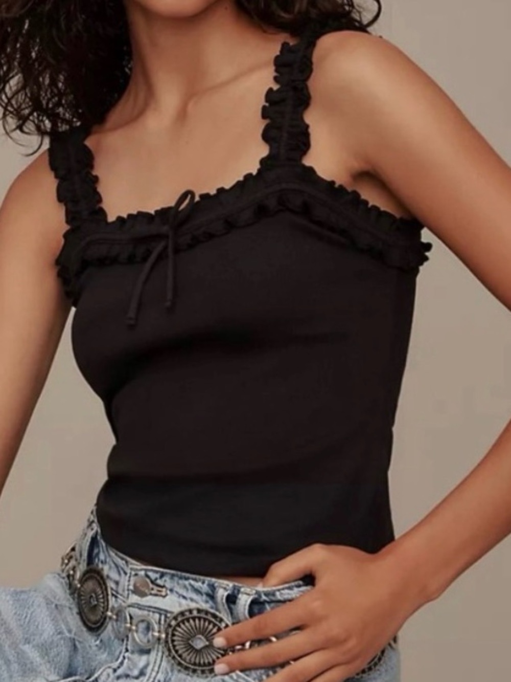 Anthropologie Maeve Dorrie Ribbed Ruffle Cami Tank Top XL Black